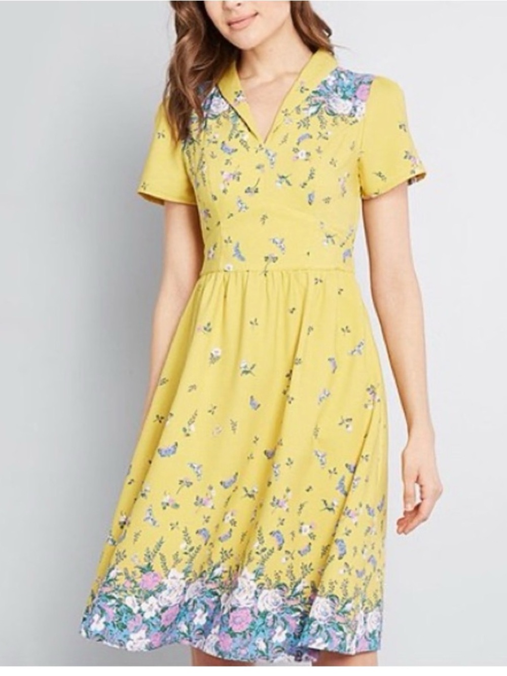 ModCloth Yellow Floral Dress Womens 2X Plus Size A-Line Retro Short Sleeve